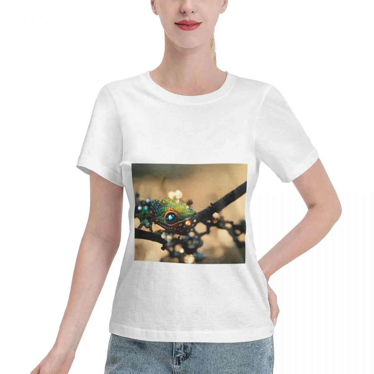 Premium Fabric Steampunk Gecko Covered With Shiny Emeralds Women's T-shirt Casual Dating Regular Fit Tee