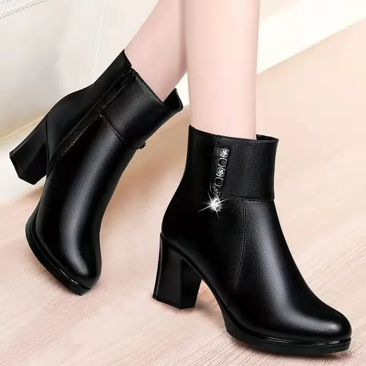 Fashion Leather Women Winter Ankle Boots Side Zipper High Heels Shoes Warm Thick Plush Snow Boots for Women Botines De Mujer