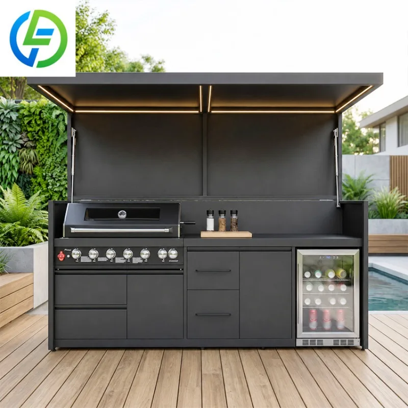New Enclosed Outside Kitchen with Shed Gas Charcoal Powered Stainless Steel Outdoor Bbq Kitchen Pod with Pizza Oven & Sink