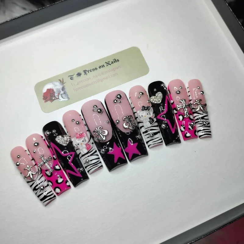 Sanrios Hello Kitty Anime Star Y 2K Europa En Amerika Handgemaakte Pers Op Nagels Lange Tips Nagels Ontwerp Manicure Meisjes Cadeau