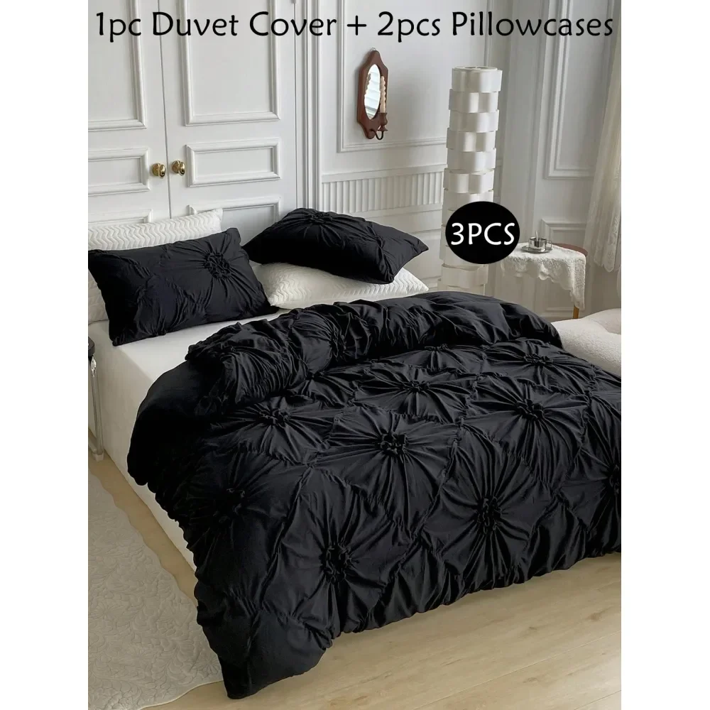 

Khaki Chiffon Pinched Flower Design Duvet Cover Set With Pillow Cases, Simple Fashionable Polyester Bedding Set, Suitable For A
