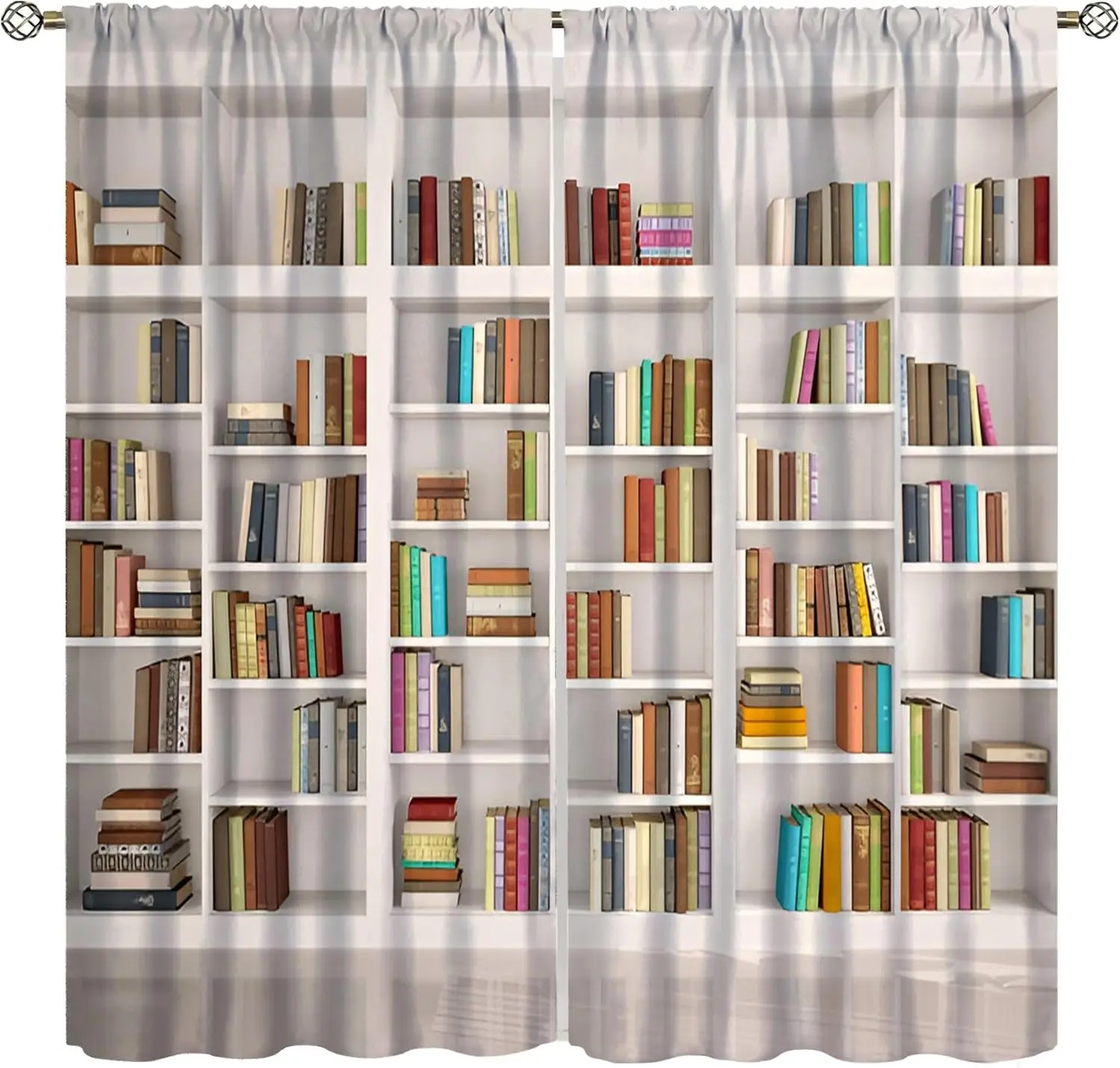 Bookshelf Curtains Modern Library Wooden White Bookcase Retro Books 3D Illustrations Window Treatments Bedroom Study Classroom