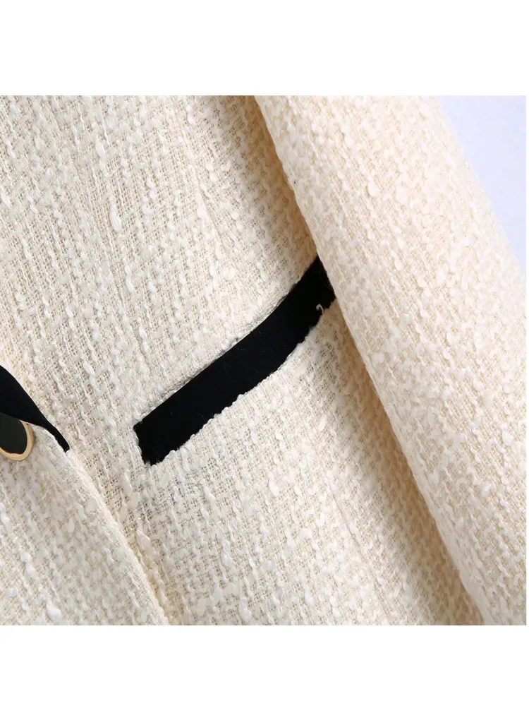 2023 ZA New Women Fashion Double Breasted Tweed Blazer Coat Vintage Long Sleeve Pockets Female Outerwear Chic Jacket