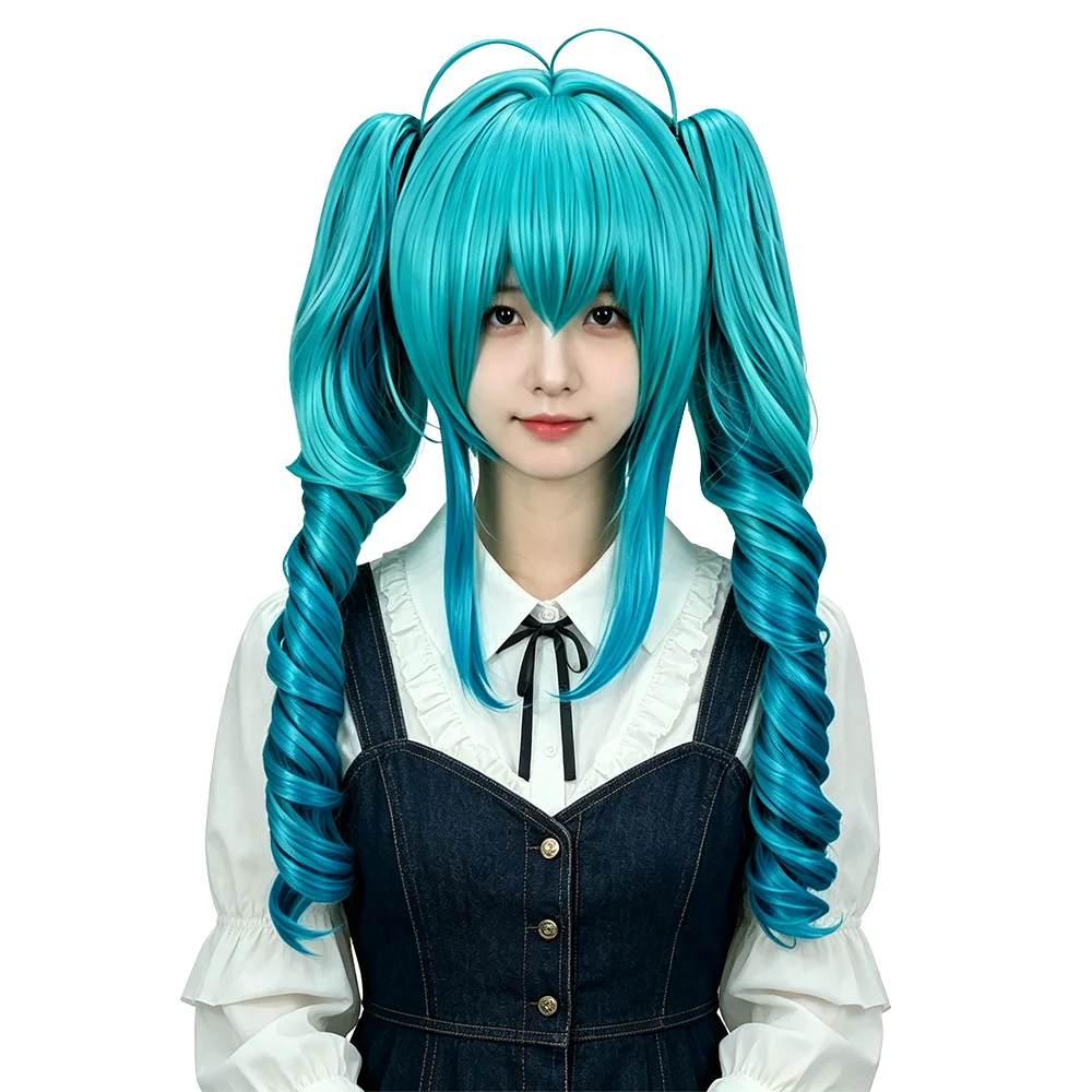 

Miku Cosplay Wig Turquoise Blue Gradient Detachable Twin Ponytails Spiral Curls Heat Resistant Wig For Women Anime Costume Party