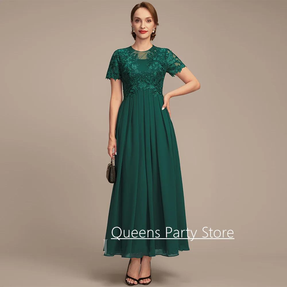 Kleid für die Brautmutter, individuell gestaltet, kurze Ärmel, Rundhalsausschnitt, Spitze, drapiert, A-Linie, Chiffon, Hochzeitsgastkleid, knöchellang