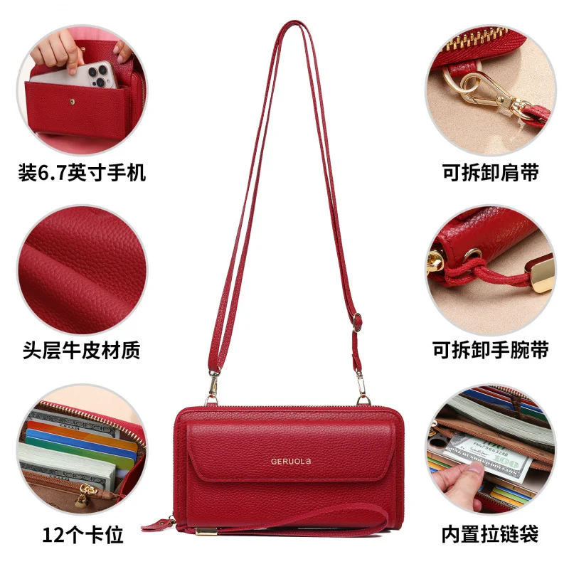 Western RFID Blocking Cowhide Leather Lychee Grain Women Shoulder Wallet Large Capacity Purse for Ladies