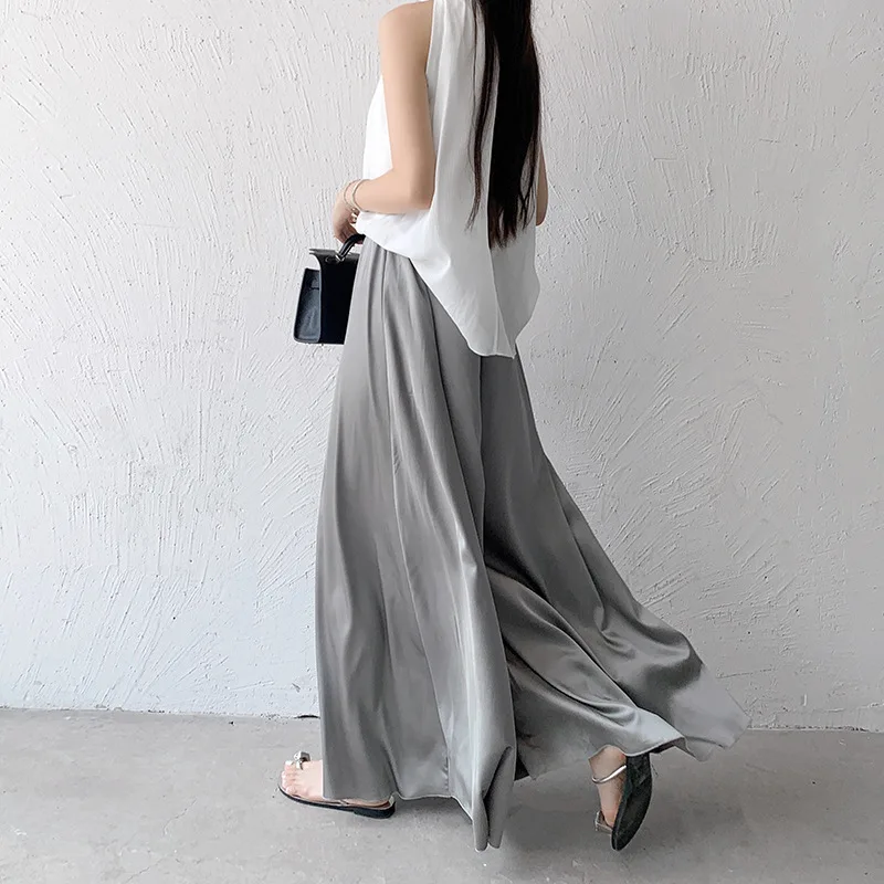 

2024 Summer New Silky Glossy Elegant Slim Loose Large Size Wide Leg Skirts High Waist Casual Pants Korean Style Long Trousers