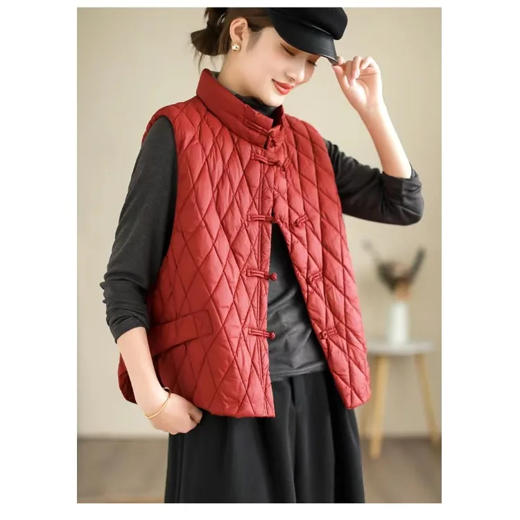 

Новый китайский свободный крой, хлопковый жилет, женское осенне-зимнее пальто на пуговицах с ромбовидным узором, теплое