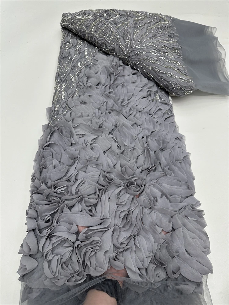 Elegant 3D Flower French Embroidery Sequins Lace Fabric African Nigerian Beaded Tulle Lace Fabric For Wedding Dresses Women