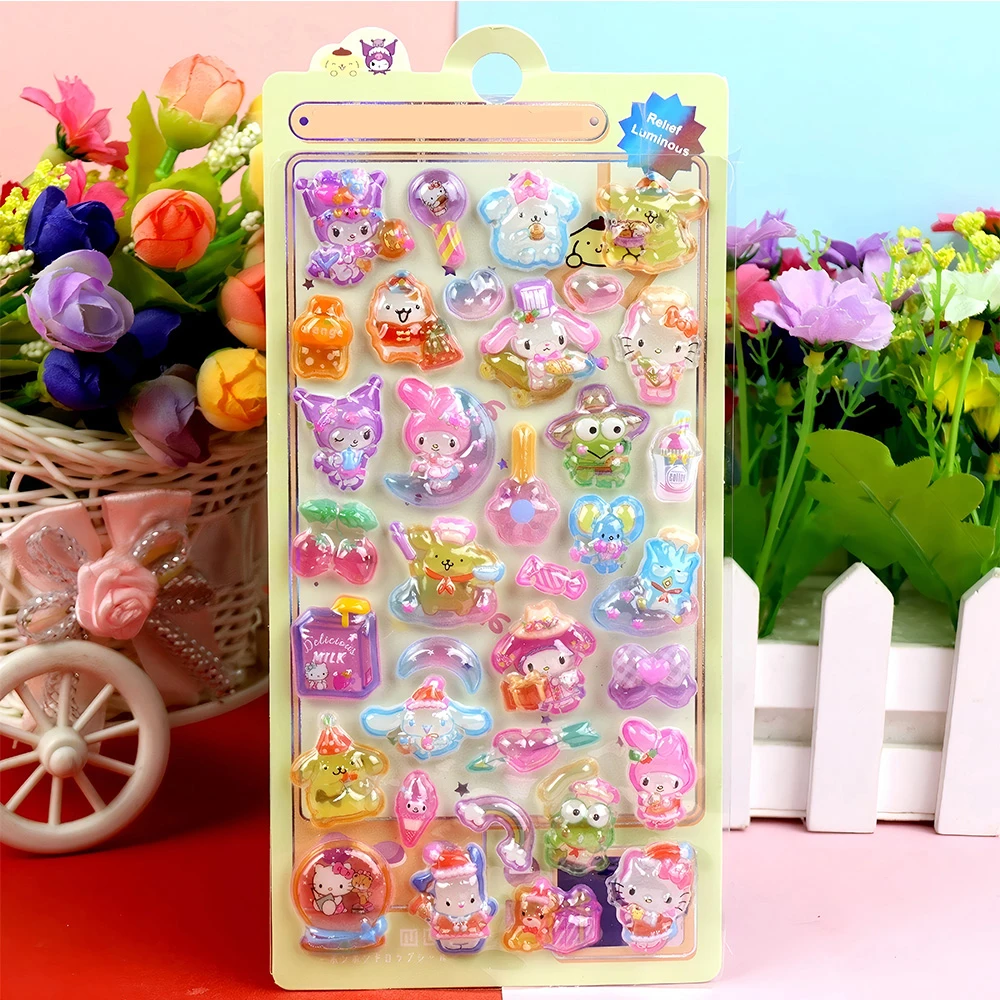 Lichtgevende Leuke Sanrio 3D Relief Stickers Kawaii Meisjes Kuromi Cinnamoroll My Melody Crystal Decals Kids Decoratie Sticker Packs