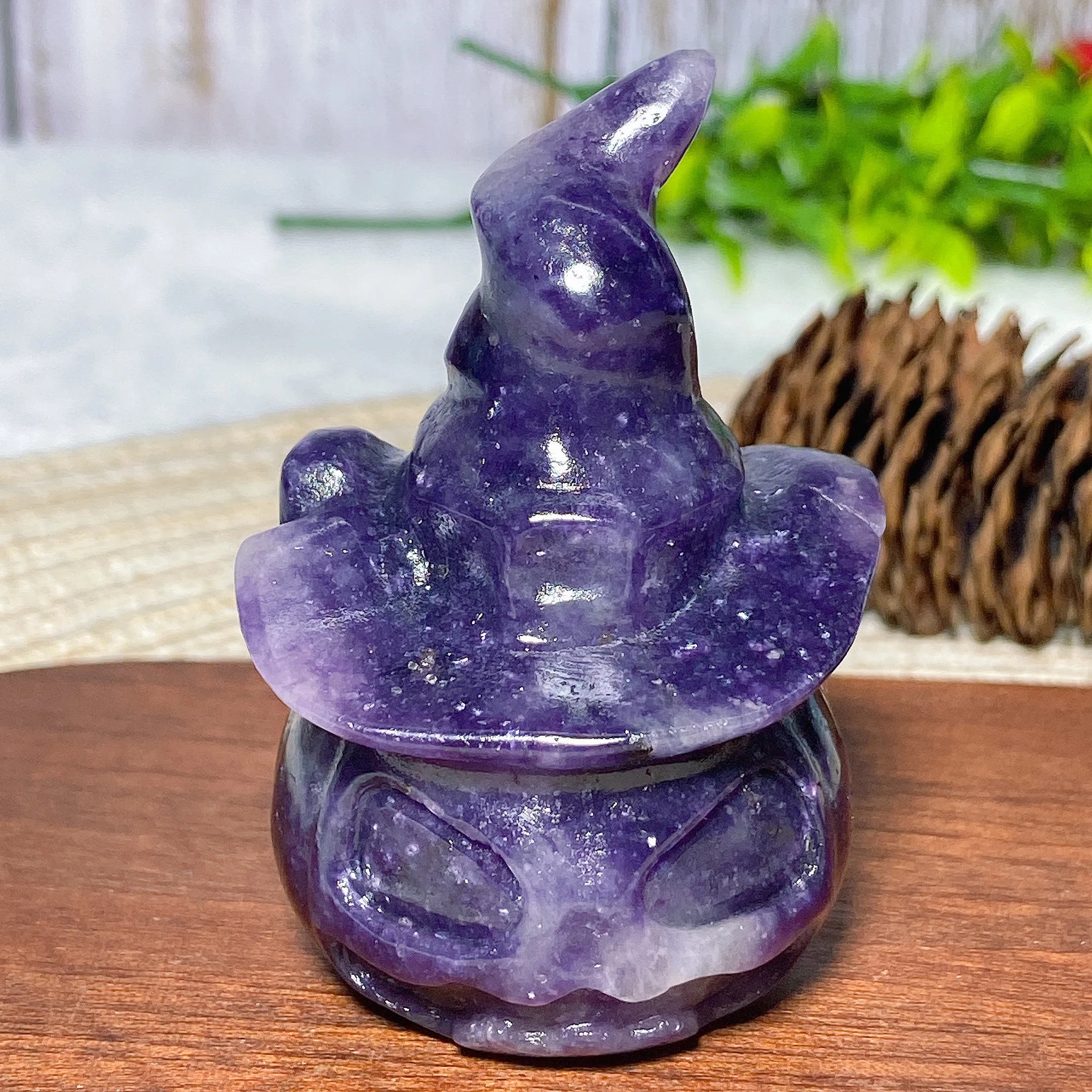 

Natural Crystal Lepidolite Witch Hat Pumpkin Halloween Decoration Witchcraft Mineral Energy Home Decorations Room Decor Gift