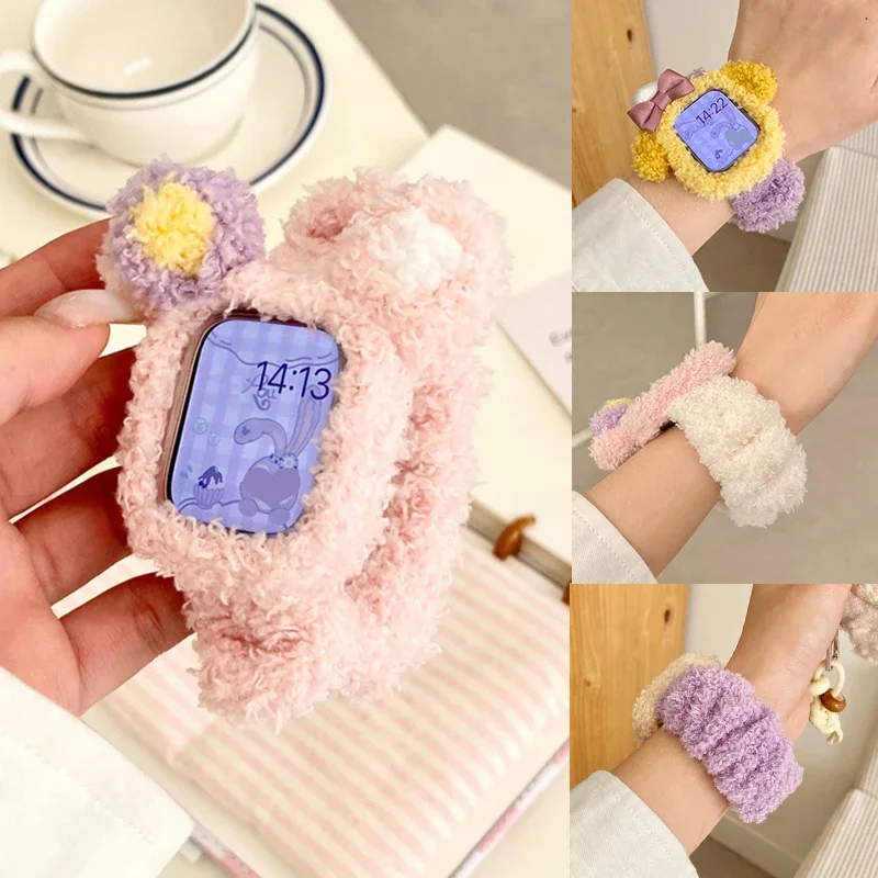 Winter Cute Plush Strap Case for Apple Watch Band 40mm 44mm 49 45 42 46 Elastic Hair Band Bracelet for IWatch Series 10 9 8 7 SE