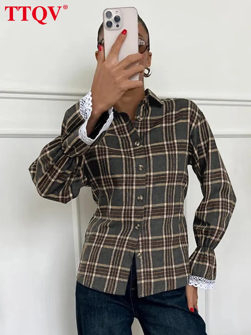 

TTQV Fashion Slim Yellow Plaid Women's Shirt 2026 Vintage Lapel Long Sleeve Blouse Lady Elegant Classic Top Female Clothing