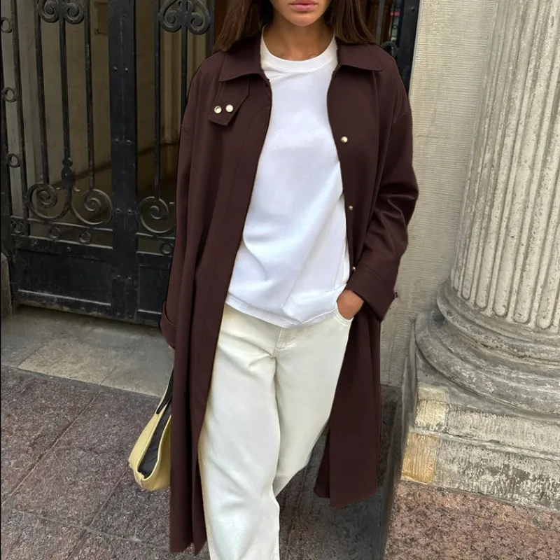 Ticketsx Women Long Trench Jacket New Lapel Loose Cardigan Coat Vintage Autumn Winter Streetwear Office Female Jacket Outwear