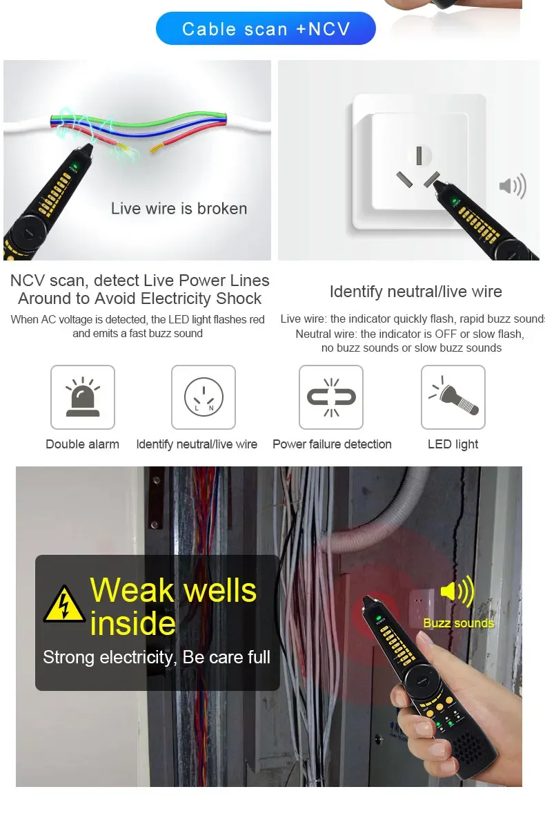 Tahlitech Network Cable Tester Cable Tracker Cat5 Cat6 PoE Tester Detect Length Continuity Test with NCV & Lamp