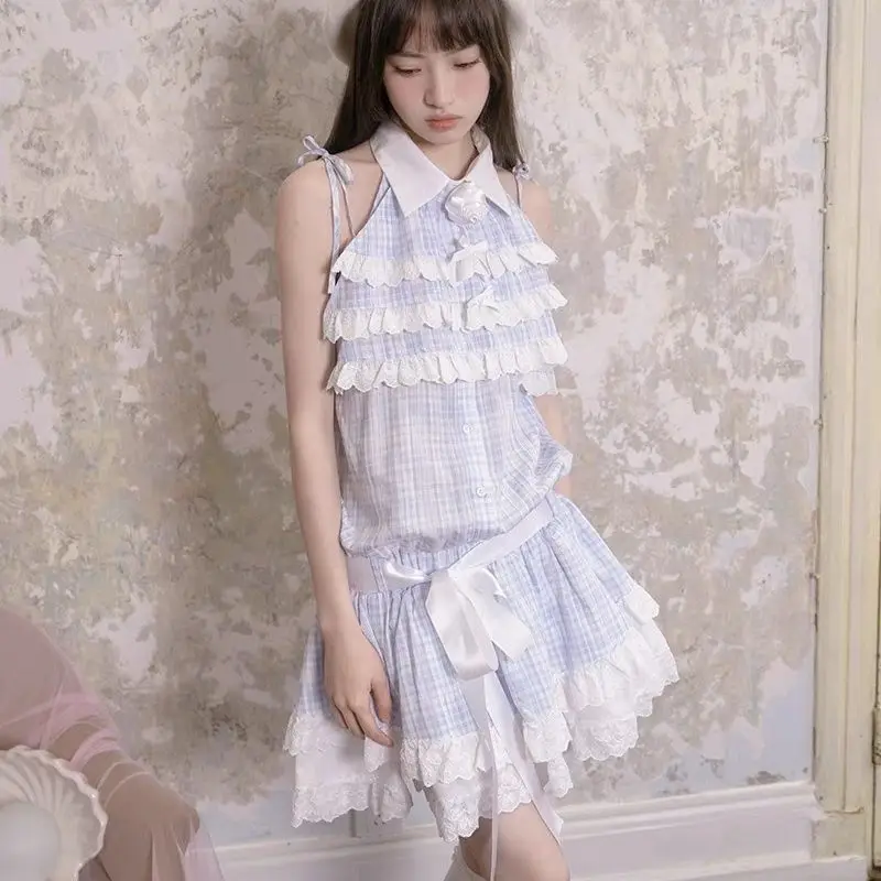 Onalippa Korean Y2K Water Colored Plaid Lace Low Waisted Vest Sleeveless Fake Two-piece Lolita Fairy Cake Fluffy A-line Dress