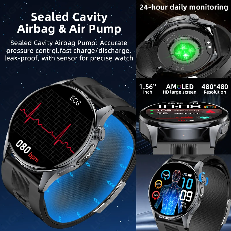 LIGE New Airbag Air Pump Smart Watch Accurate Measure Blood Pressure Men Micro Physical Examination ECG+PPG Health Smartwatch