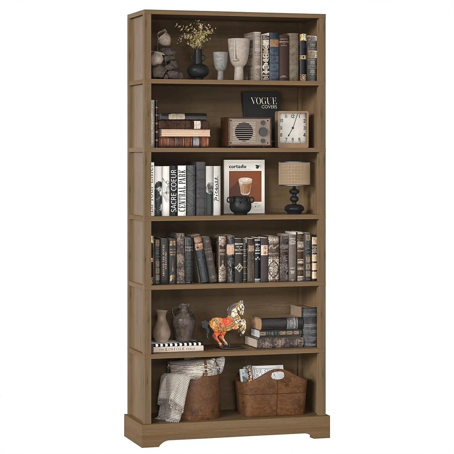 

6-Tier Wooden Bookshelf, 77.2" Tall Farmhouse Style Open Bookcase with Storage for Study, Living Room, Office