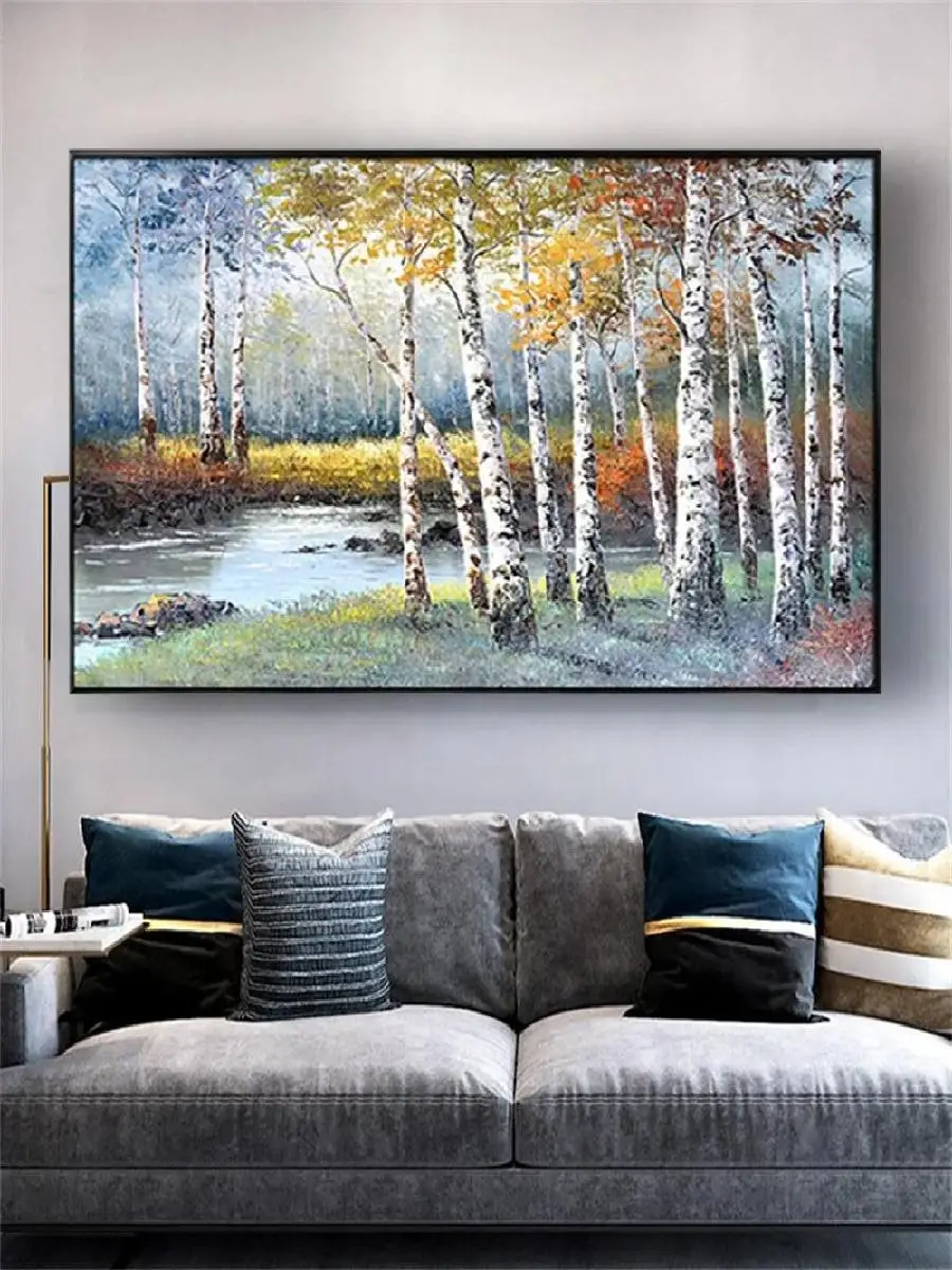 Hand Painted Birch Tree Landscape Oil Painting on Canvas  Modern Wall Art for Living Room Decor Salon Artwork  Thick Knife Techn