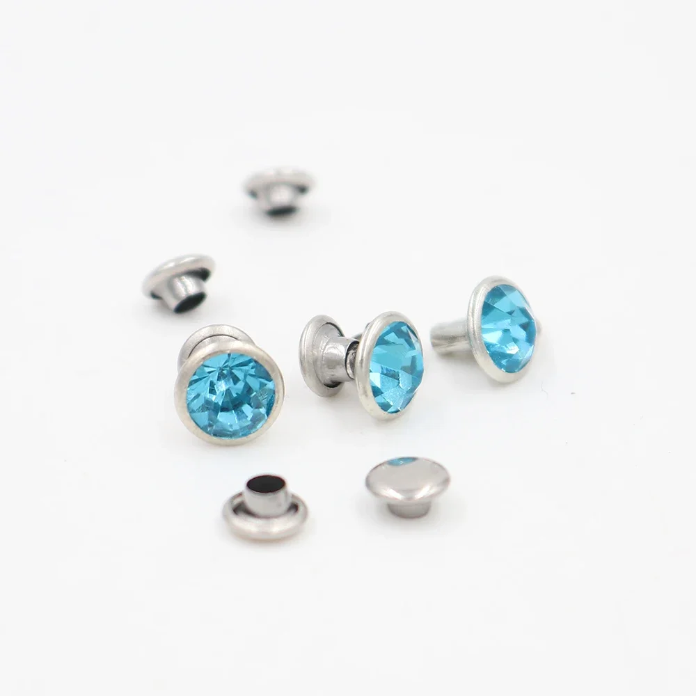 100Sets Aquamarine Double-Sided Rhinestone Rivets Studs Punk Diamond Spikes Rivets for Leather/Belt/Handbag Leather Decoration