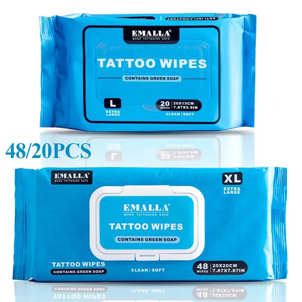 EMALLA Tattoo Wipes with Green Soap Tattoo Cleaning Wipes Tattooing Inhibit Bacteria Wipes Tattoo Accessories 48/20pcs