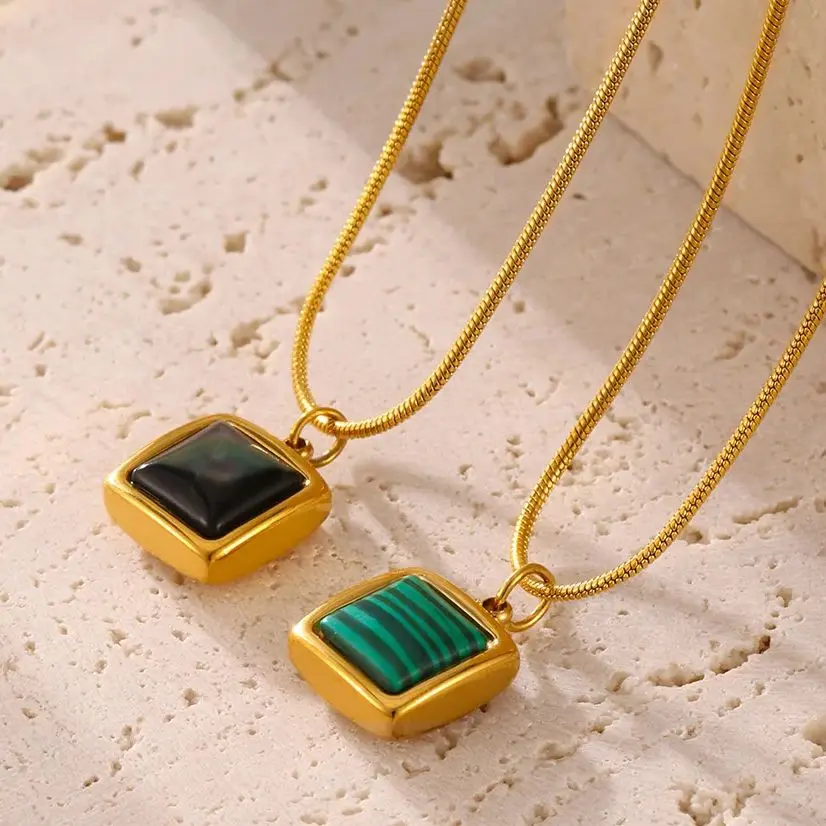 

Nivora 40cm Stainless Steel Snake Chain Necklace For Women Square Malachite Pendant Charm Women Choker Jewelry Waterproof