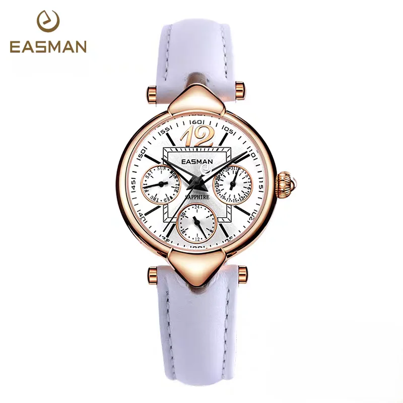 

Women's Watch, 3-Eye Multi-Function Wristwatch, Genuine Leather Strap, Sapphire Crystal, Waterproof Fashion Quartz Ladies Watch