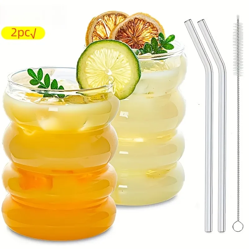 

2pcs High Borosilicate Glass Water Cups with Straw Iced Coffee Whiskey Juice Milk Tea Unique Drink Cups Cocktail Glasses 300ml