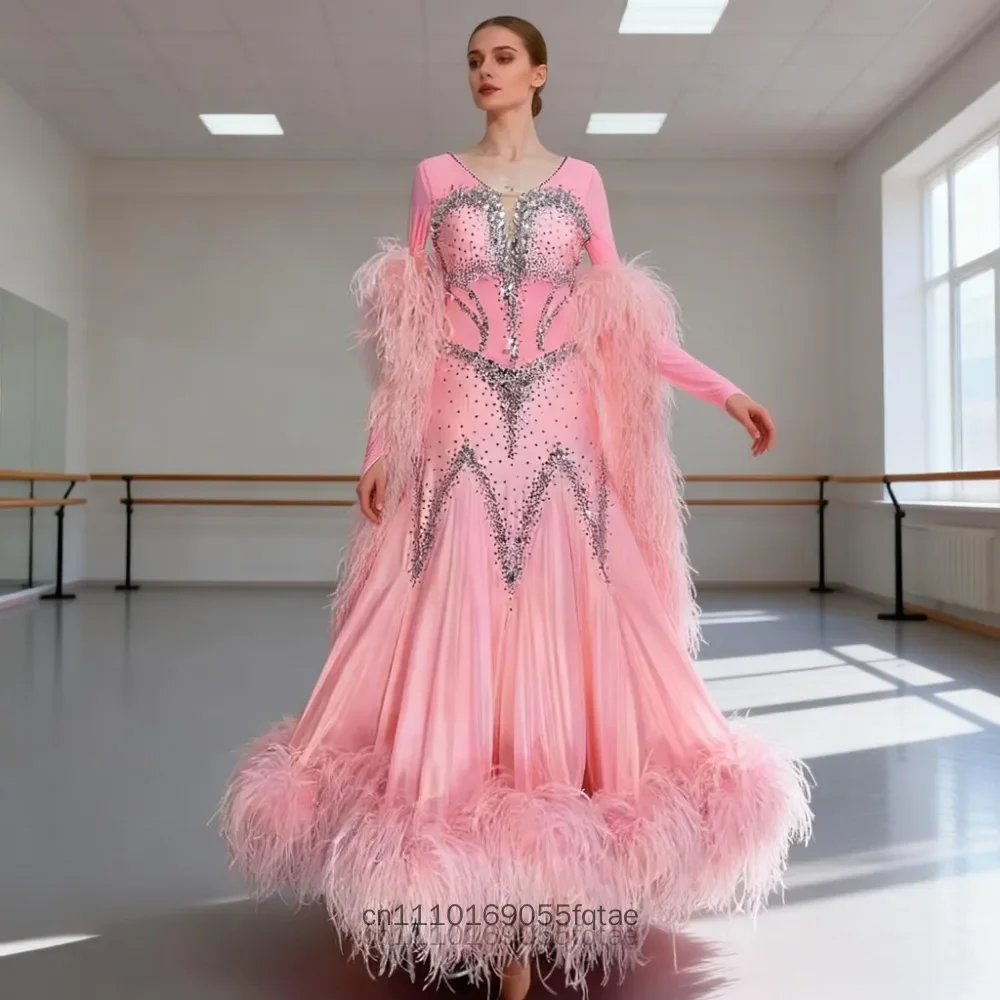 Women Ballroom Dance Dress Crystal Beaded A Line Flowing Skirt Tango Professional Competition Stage Performance Evening Gown