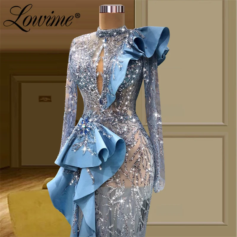 Lowime azul contas vestido de noite mangas compridas ver através de vestidos de festa 2022 feito sob encomenda sereia vestidos de baile robe femme soiree