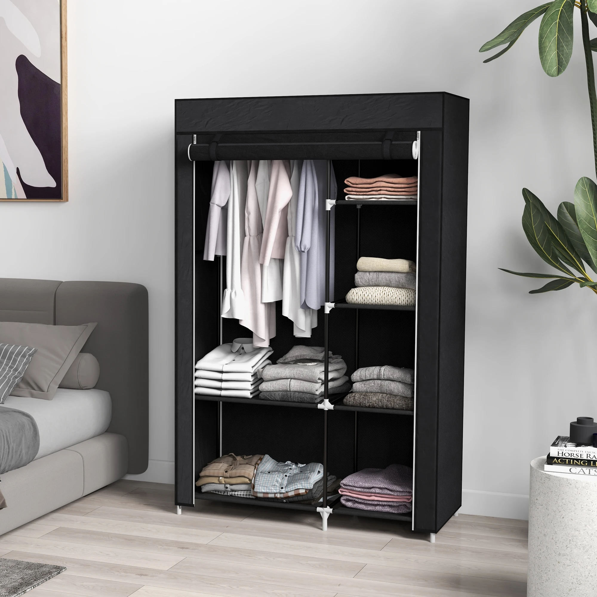 Armario plegable de tela negra, textura polar, 6 compartimentos, 103x43x162,5cm.