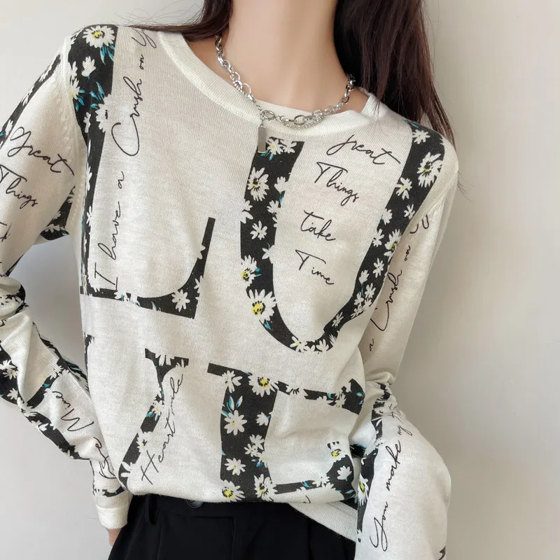Tops Women Top Round Neck Knit Full Sleeve Print Floral Casual Thin Sexy Y2k Streetwear Elegant Work Slim Fit Spring 2026