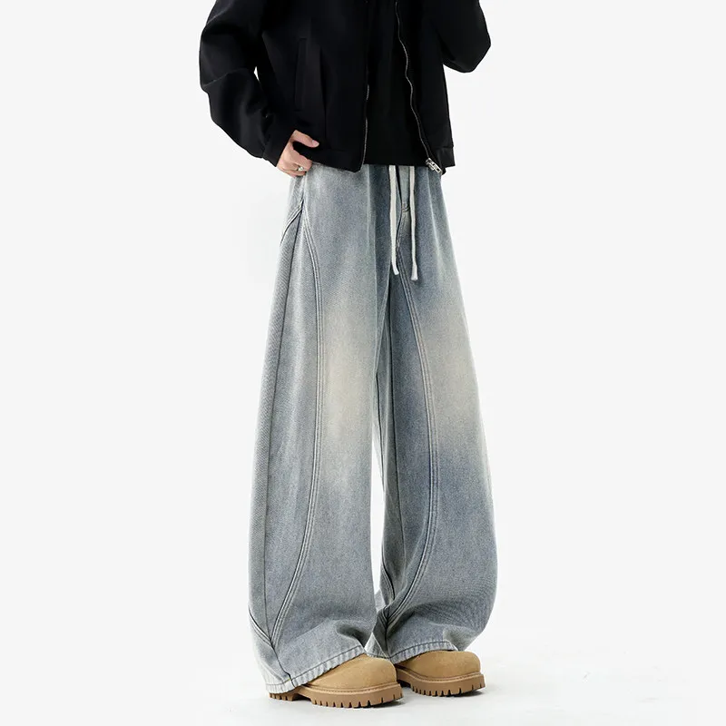 

American Retro Waed Denim Jeans Men Women Loose Straight Leg Slimming Casual Wide Leg Pants Floor-Length Knife Long Tr...