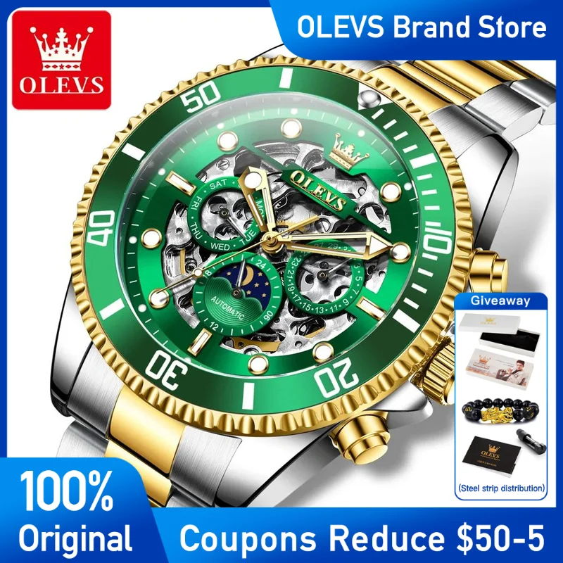 

OLEVS 6715 Mens Watch Original Multifunctional Automatic Mechanical Watch Double calendar Moon Phase Skeleton Luxury brand Watch