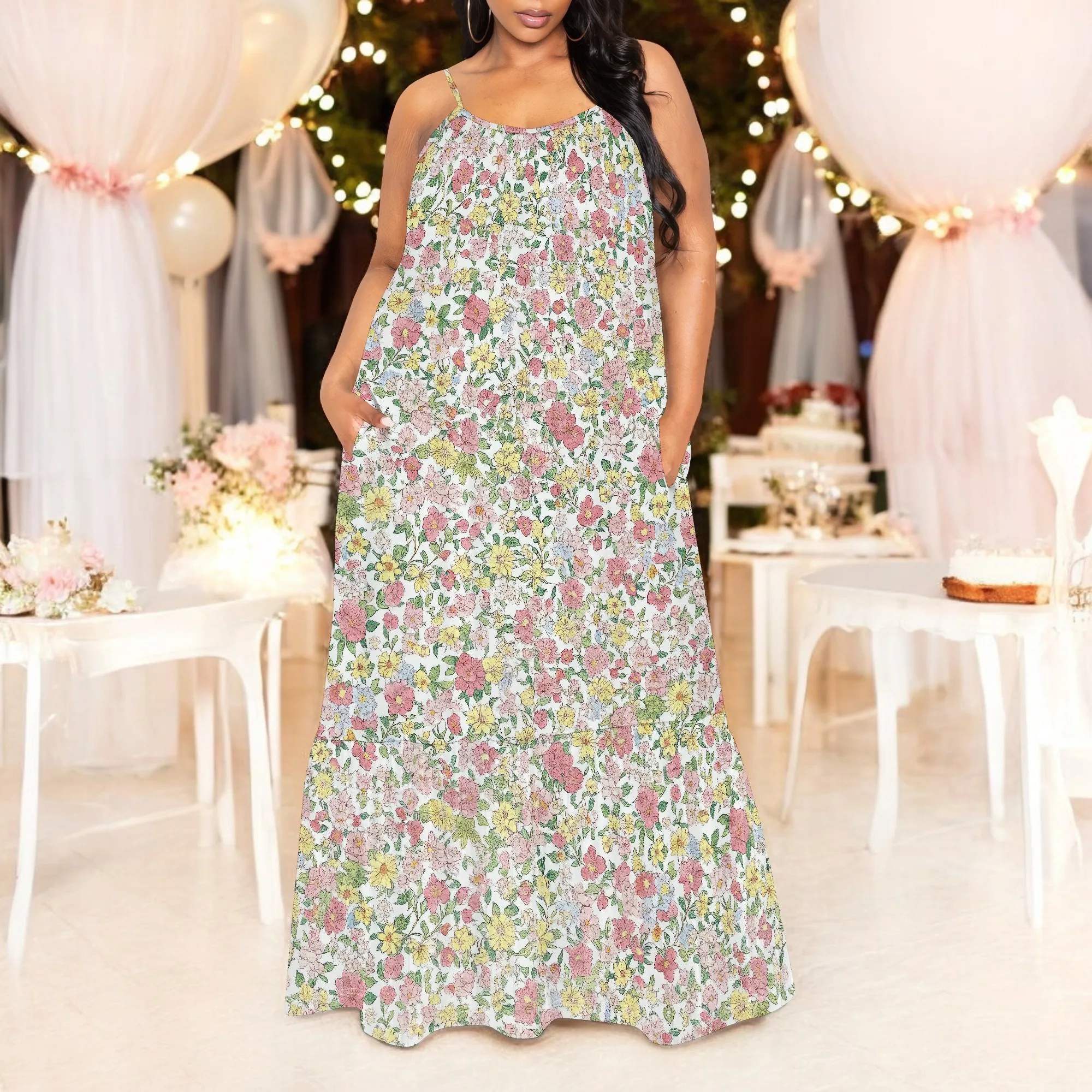 Women's Summer Dress 2025 Casual Floral Boho Maxi Dresses Sleeveless Spaghetti Strap Long Beach Sun Dresses