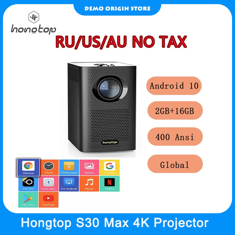 

HONGTOP S30 Max 400 Ansi Lumens Global Version 4K Mini Portable Projector Android 10 2GB+16GB Theater Beamer For Home Theater