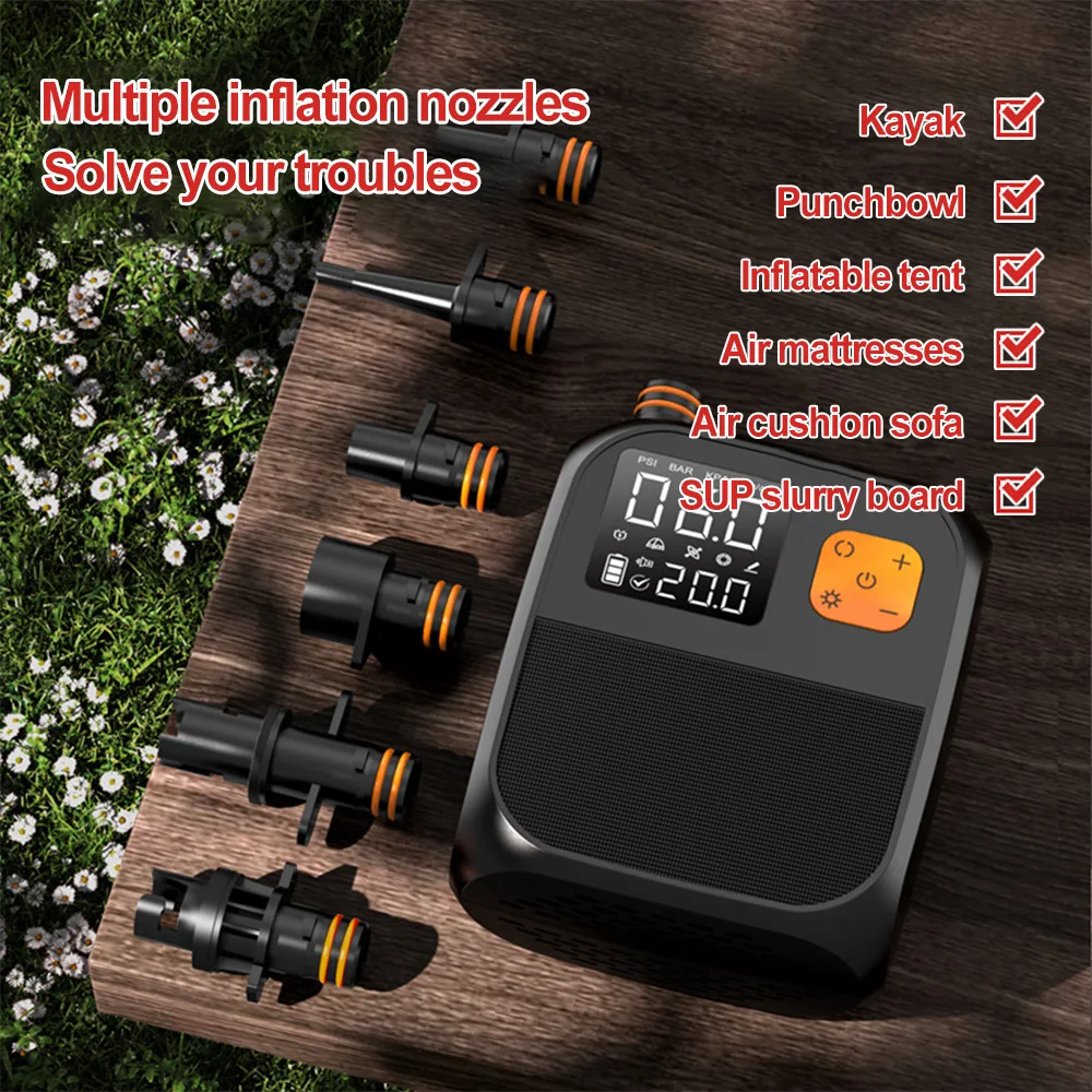 Portable Inflatable Paddle Board Pump 25PSI High Pressure Electric Air Compressor Pump Power Bank with 6 Nozzles and LED Light