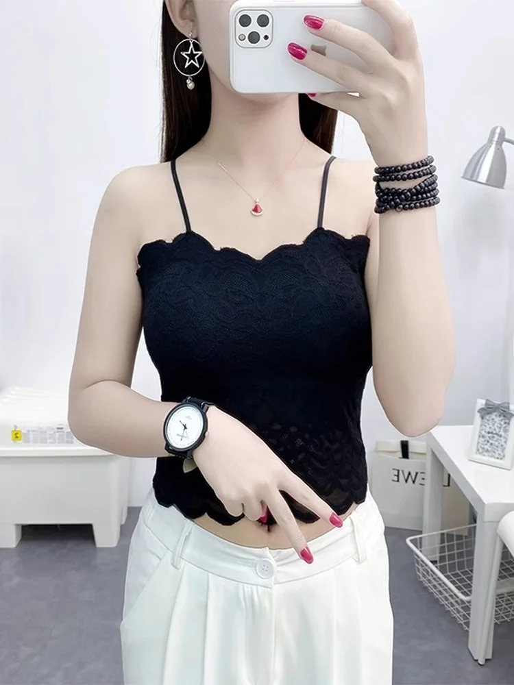 Letnia koronkowa kamizelka na ramiączkach, seksowna, cienkie ramiączka, falista koronka, bielizna, zapobiegająca prześwitywaniu, z wkładką, piękna, do pracy, krótka.