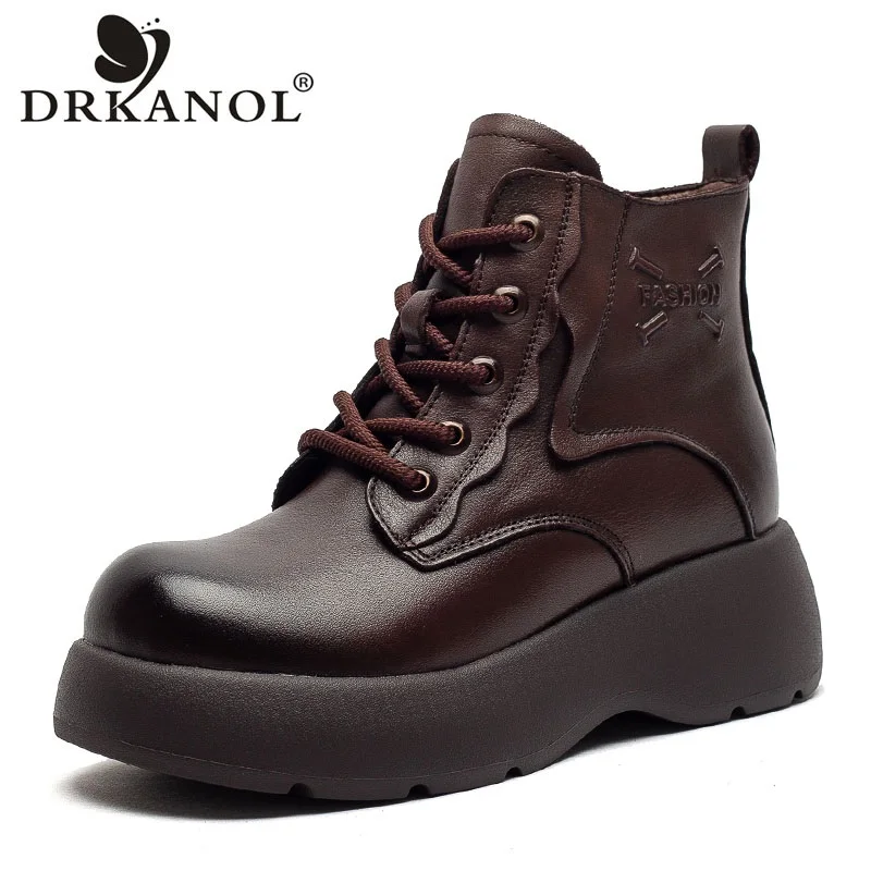 

DRKANOL Handmade Retro Genuine Cow Leather Platform Snow Boots Women Height Increasing Wedges Heel Winter Warm Cotton Boots Lady