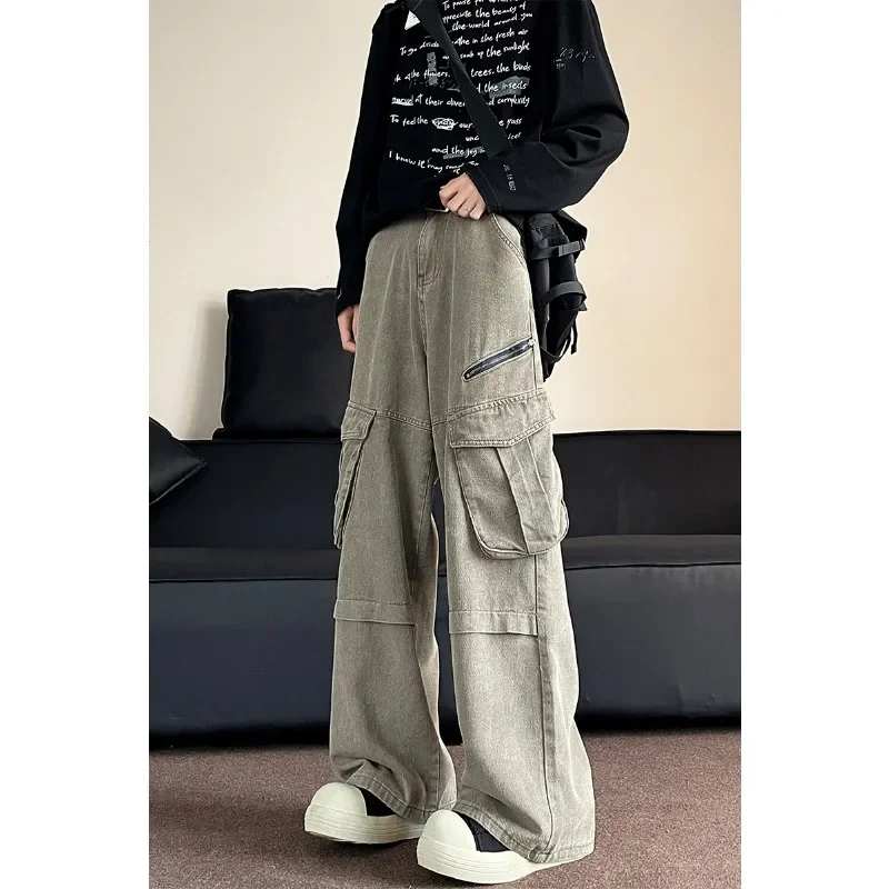 Fashionable and Versatile Beautiful Design Unique Hong Kong Style Retro Vintage Vintage Wide Leg Pocket Jeans Work Pants Men