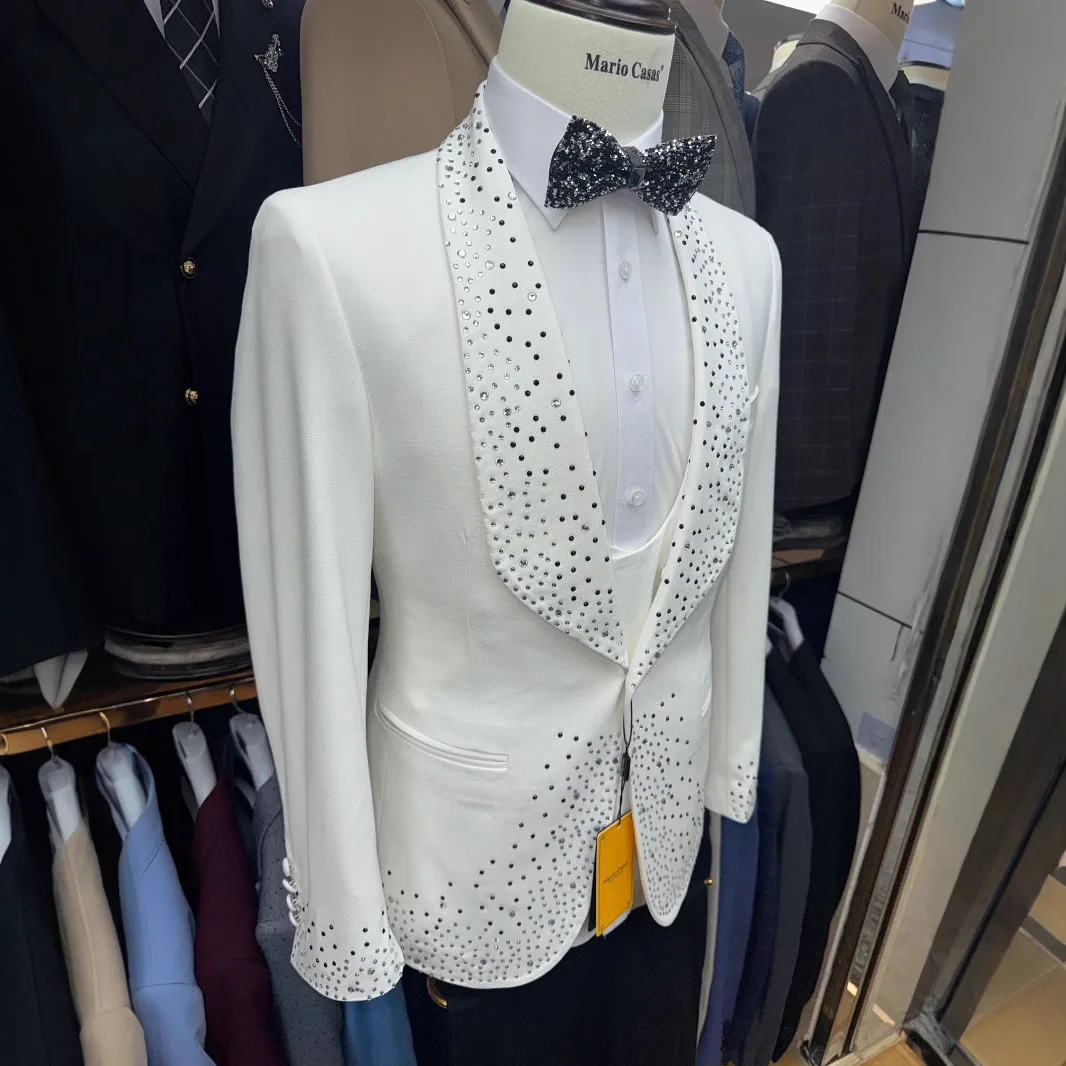 2025 Diamond Luxury Suit Set for Men Handsome Single Breasted Tuxedo Set Classic Blazer Vest Pants Crystals Men's Suits