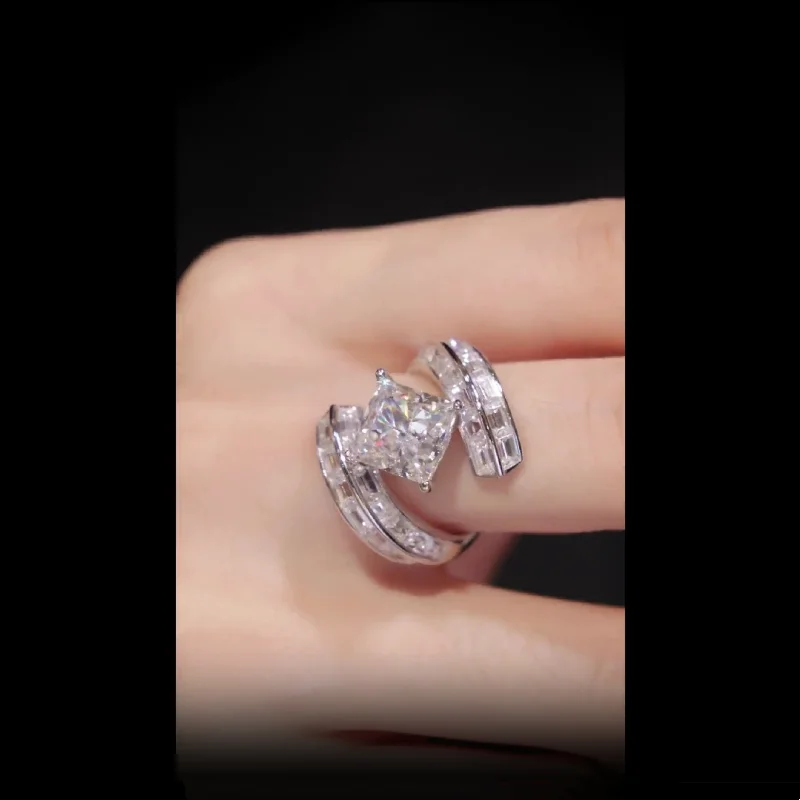 벨룩스 925 실버 금도금 합성 지르콘 화이트 스퀘어 다이아몬드 아이스 컷 꽃, 4 발톱 심플 링