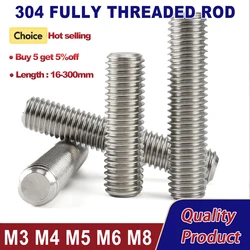 M3 M4 M5 M6 M8 304 Stainless Steel Full Threaded Rod Bolt Length 16-300mm Fully Metric Headless Bolts Thread Stud Rods Screws