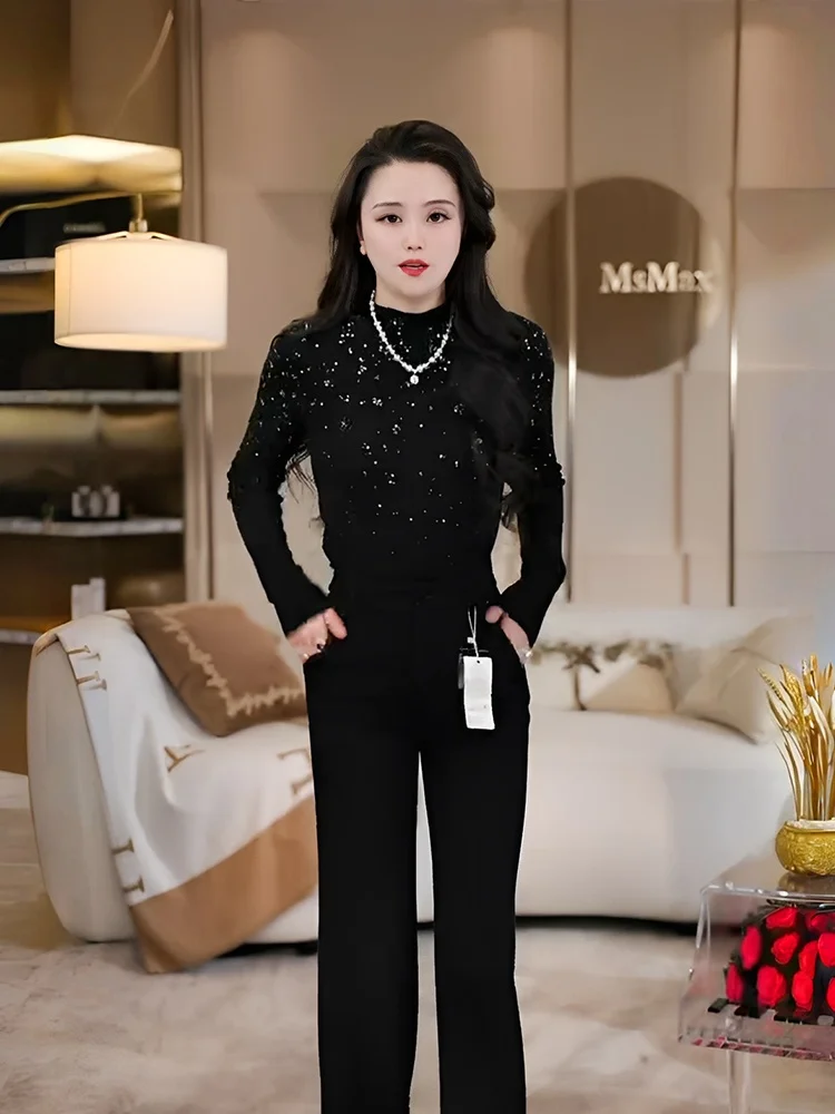 

Женский трикотажный облегающий топ из шерсти с дизайном из страз, очень теплый зимний топ