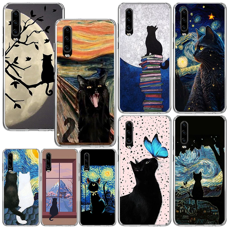 القط الأسود حالة الهاتف الكرتون لهواوي p30 p40 p20 p10 لايت ميت 20 10 pro y5 y6 y7 y9s p الذكية z