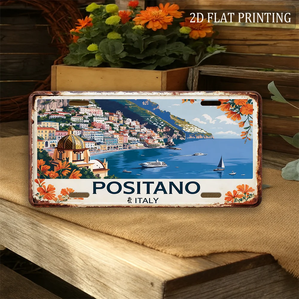 2D Flat - Decorative Use Solely, 2D Flat Aluminum Sign, 1pc Retro Italian Theme Positano Metal Sign, (30.0 X 15.19 cm) Medite