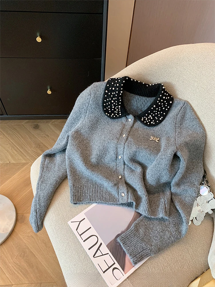 French Grey Knitted Cardigan Women Harajuku Crystal Diamonds Oversized Sweater Peter Pan Collar Long Sleeve Korean Streetwear