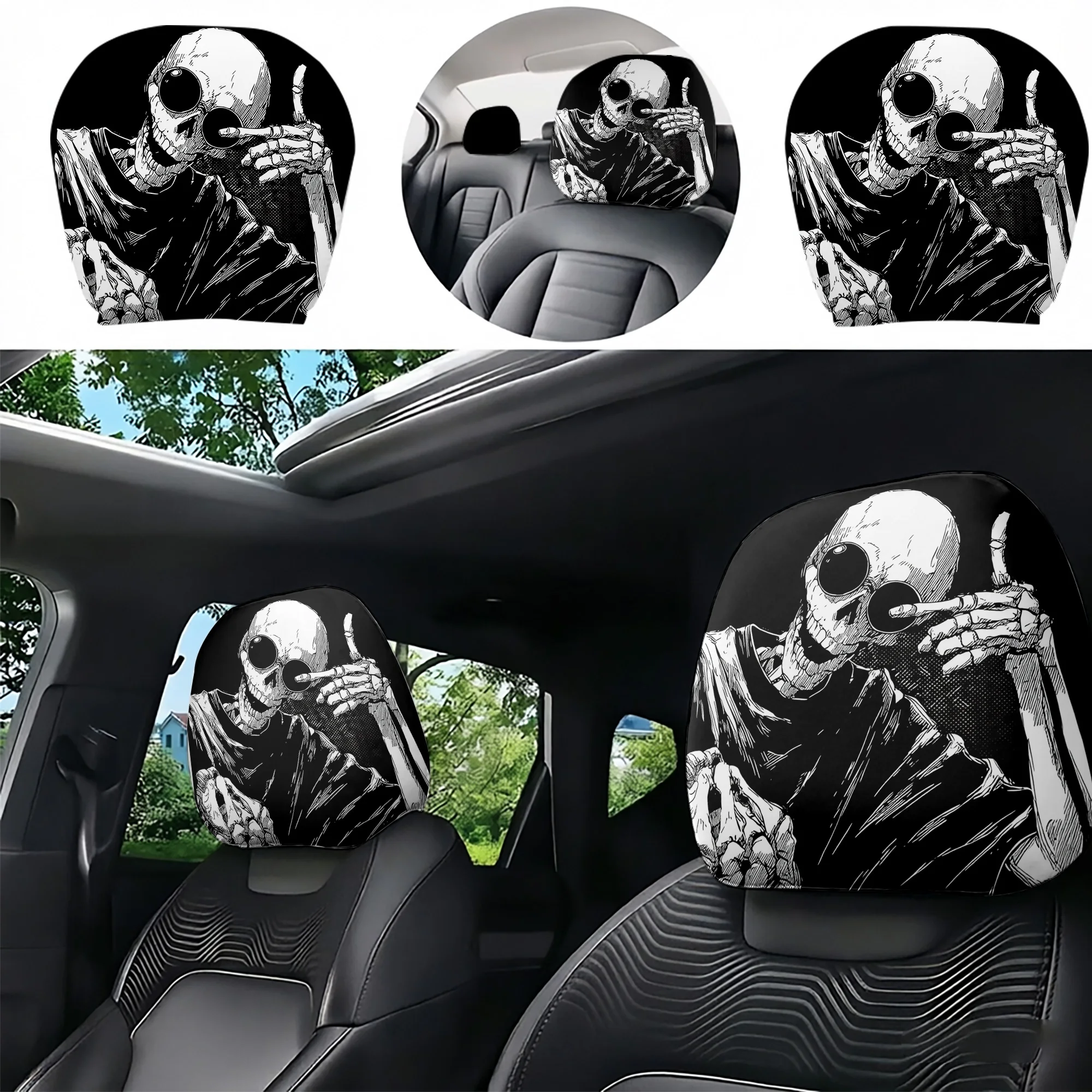 2pcs cool skull-patterned car headrest covers to add a rebellious touch to your car’s interior. Easy to install.