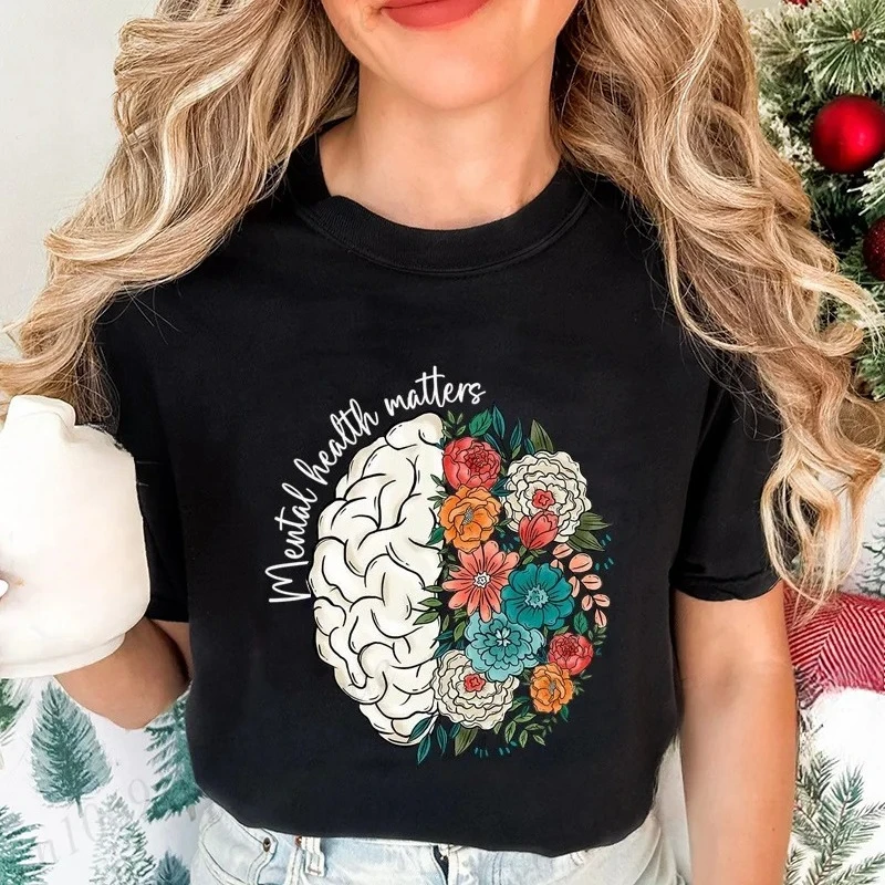 2026 Mental Health Shirt School Psychologist T-Shirts Inspirational Tees Mental Health Awareness Tops Cute Brain Women's T-Shirt