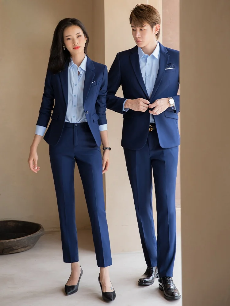 ชุดสูทแขนยาวสีน้ำเงินสำหรับผู้หญิงและผู้ชาย รุ่นใหม่สำหรับฤดูใบไม้ร่วง ชุดทำงาน ผลิตจากโพลีเอสเตอร์และเส้นใยวิสโคส